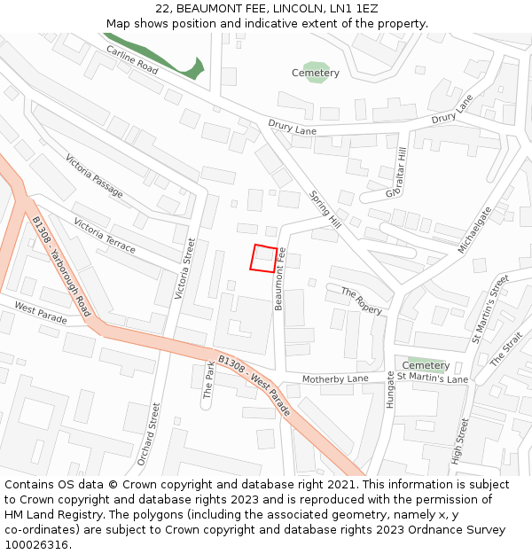 22, BEAUMONT FEE, LINCOLN, LN1 1EZ: Location map and indicative extent of plot