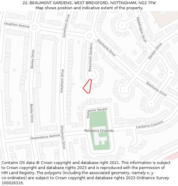 22, BEAUMONT GARDENS, WEST BRIDGFORD, NOTTINGHAM, NG2 7FW: Location map and indicative extent of plot