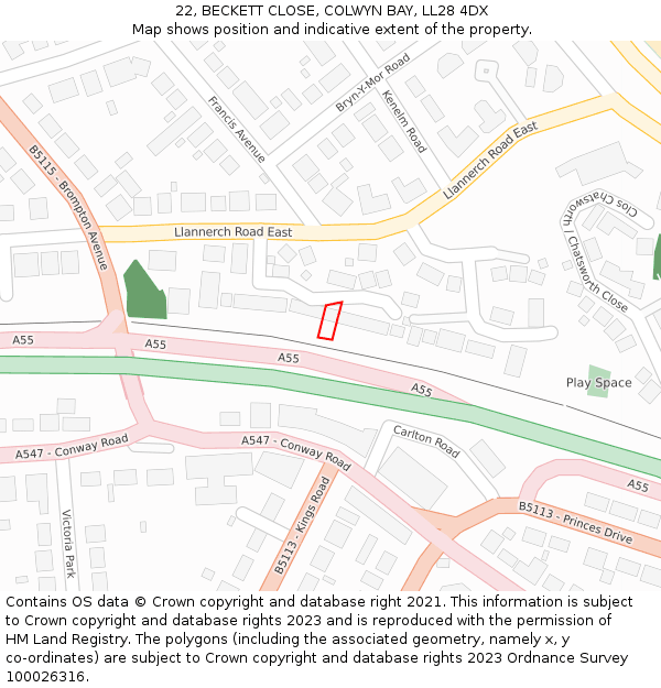 22, BECKETT CLOSE, COLWYN BAY, LL28 4DX: Location map and indicative extent of plot