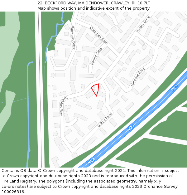 22, BECKFORD WAY, MAIDENBOWER, CRAWLEY, RH10 7LT: Location map and indicative extent of plot