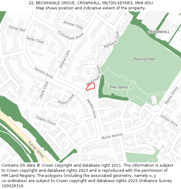 22, BECKINSALE GROVE, CROWNHILL, MILTON KEYNES, MK8 0DU: Location map and indicative extent of plot