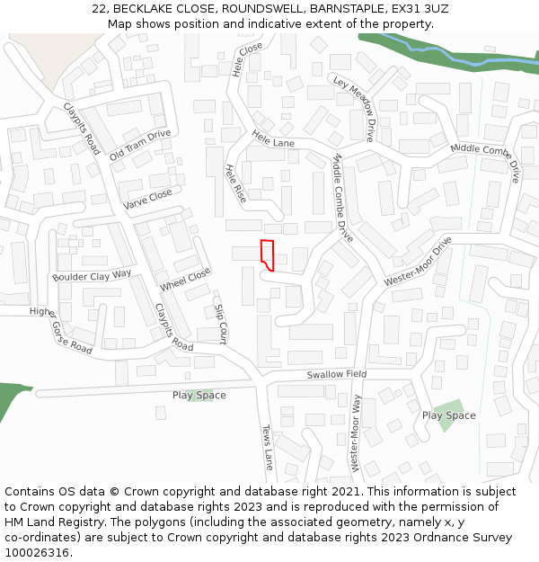 22, BECKLAKE CLOSE, ROUNDSWELL, BARNSTAPLE, EX31 3UZ: Location map and indicative extent of plot