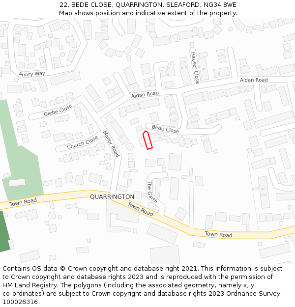 22, BEDE CLOSE, QUARRINGTON, SLEAFORD, NG34 8WE: Location map and indicative extent of plot