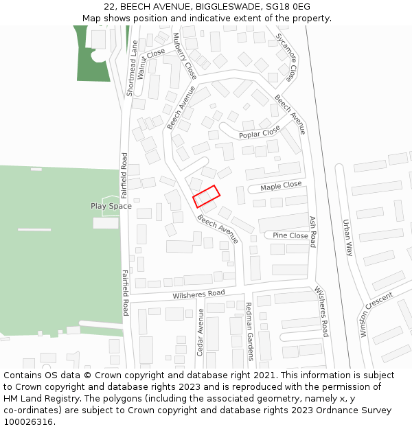 22, BEECH AVENUE, BIGGLESWADE, SG18 0EG: Location map and indicative extent of plot