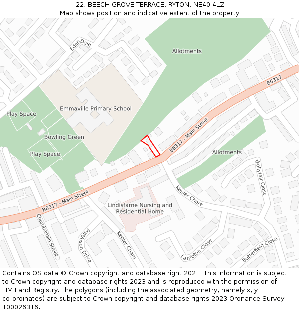 22, BEECH GROVE TERRACE, RYTON, NE40 4LZ: Location map and indicative extent of plot