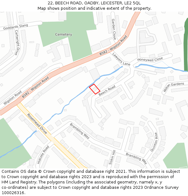 22, BEECH ROAD, OADBY, LEICESTER, LE2 5QL: Location map and indicative extent of plot