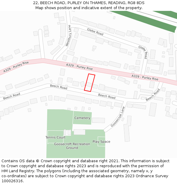 22, BEECH ROAD, PURLEY ON THAMES, READING, RG8 8DS: Location map and indicative extent of plot