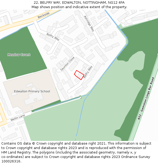 22, BELFRY WAY, EDWALTON, NOTTINGHAM, NG12 4FA: Location map and indicative extent of plot