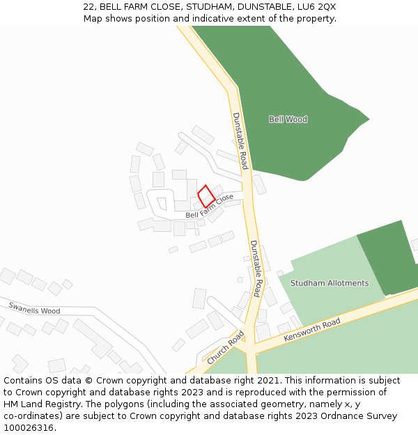 22, BELL FARM CLOSE, STUDHAM, DUNSTABLE, LU6 2QX: Location map and indicative extent of plot