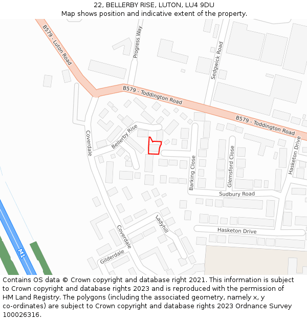 22, BELLERBY RISE, LUTON, LU4 9DU: Location map and indicative extent of plot