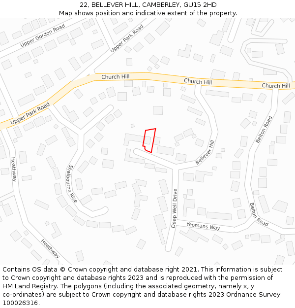 22, BELLEVER HILL, CAMBERLEY, GU15 2HD: Location map and indicative extent of plot