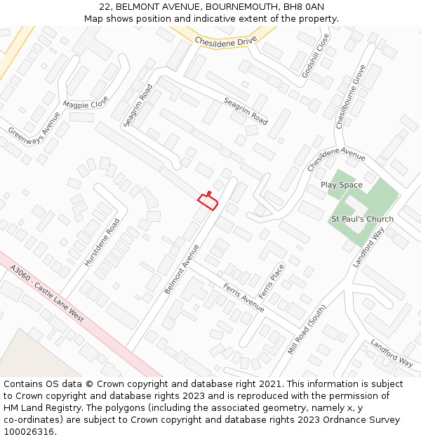 22, BELMONT AVENUE, BOURNEMOUTH, BH8 0AN: Location map and indicative extent of plot