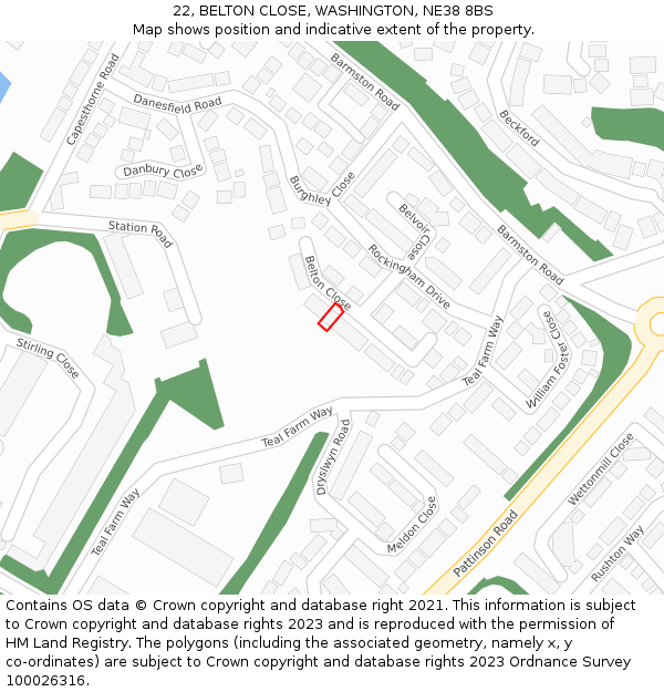22, BELTON CLOSE, WASHINGTON, NE38 8BS: Location map and indicative extent of plot
