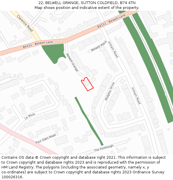 22, BELWELL GRANGE, SUTTON COLDFIELD, B74 4TN: Location map and indicative extent of plot