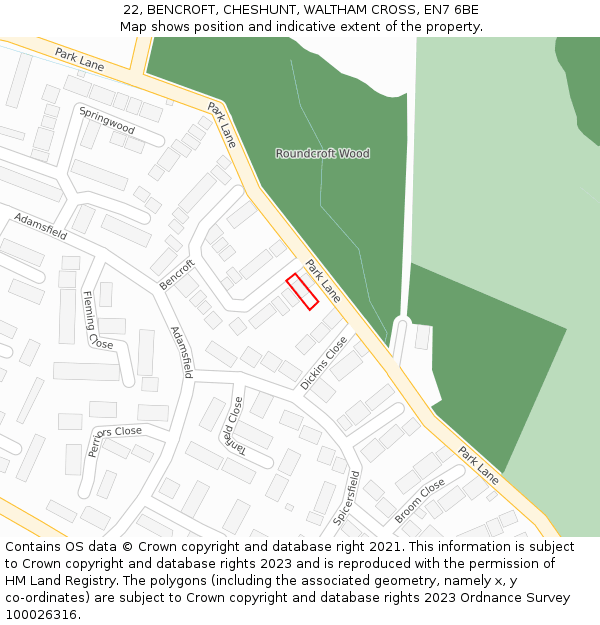 22, BENCROFT, CHESHUNT, WALTHAM CROSS, EN7 6BE: Location map and indicative extent of plot