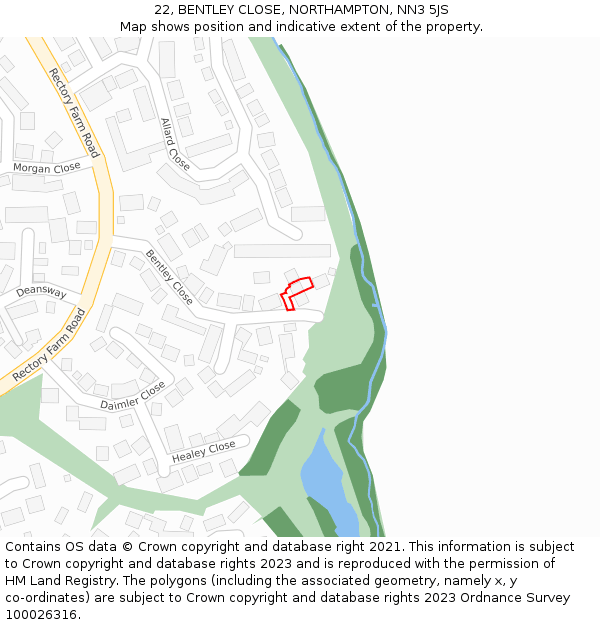 22, BENTLEY CLOSE, NORTHAMPTON, NN3 5JS: Location map and indicative extent of plot