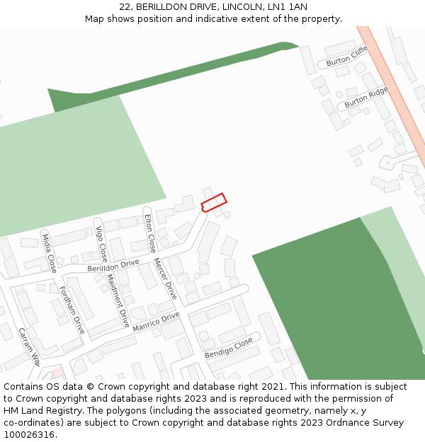 22, BERILLDON DRIVE, LINCOLN, LN1 1AN: Location map and indicative extent of plot