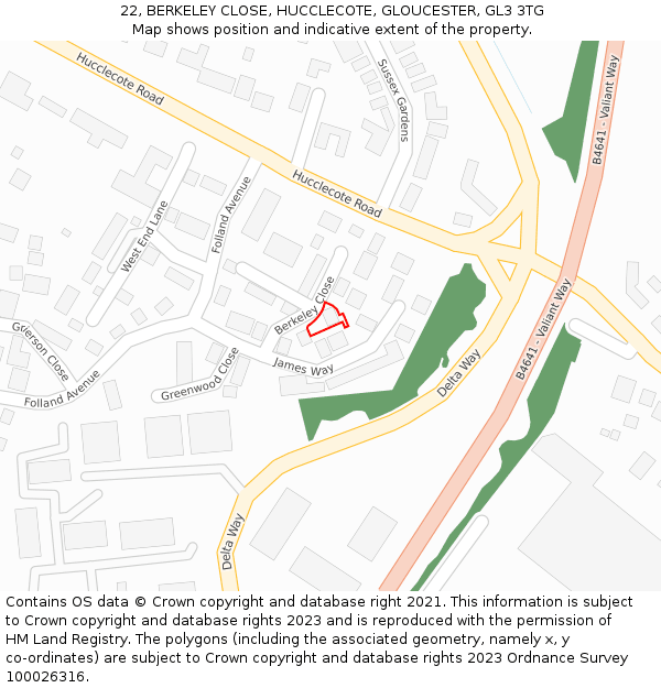 22, BERKELEY CLOSE, HUCCLECOTE, GLOUCESTER, GL3 3TG: Location map and indicative extent of plot