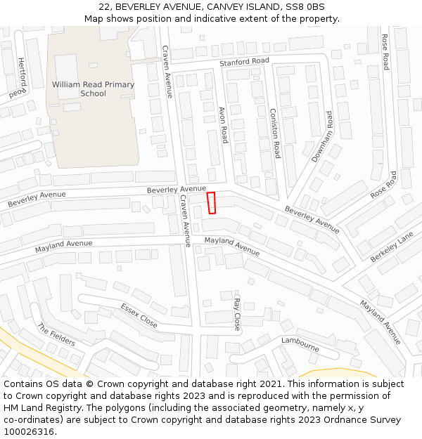 22, BEVERLEY AVENUE, CANVEY ISLAND, SS8 0BS: Location map and indicative extent of plot