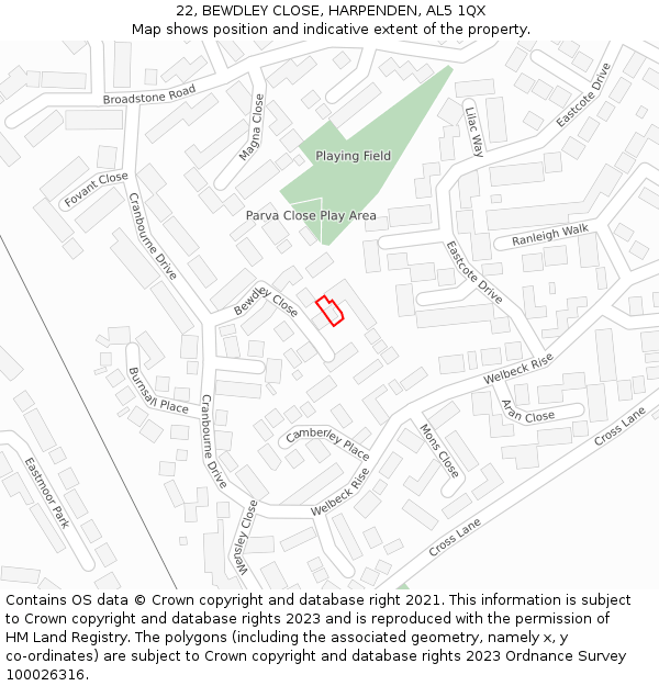 22, BEWDLEY CLOSE, HARPENDEN, AL5 1QX: Location map and indicative extent of plot