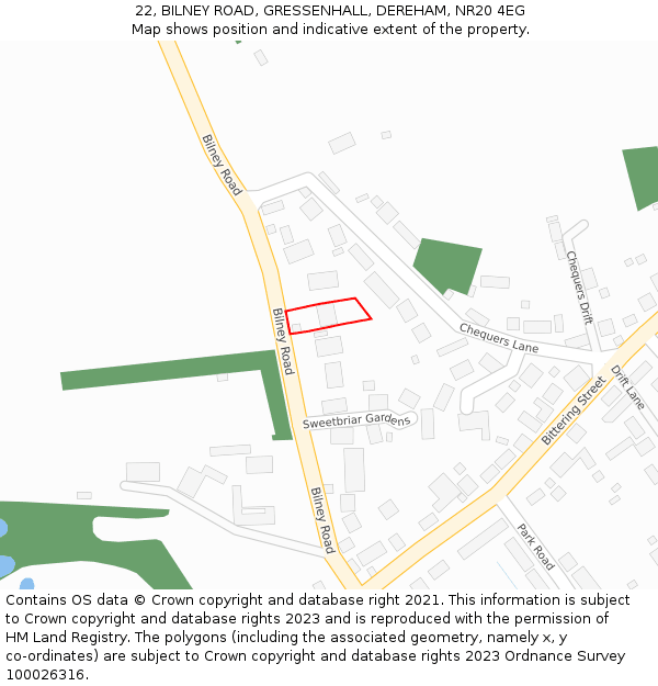 22, BILNEY ROAD, GRESSENHALL, DEREHAM, NR20 4EG: Location map and indicative extent of plot