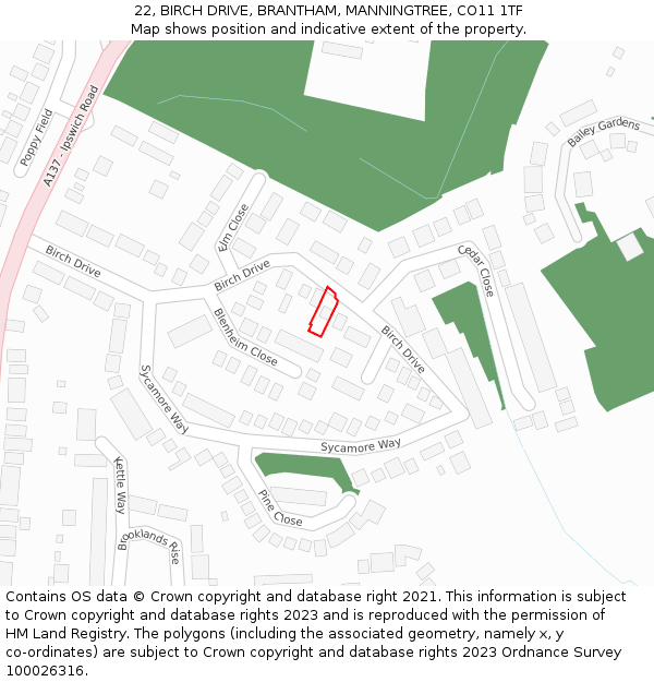 22, BIRCH DRIVE, BRANTHAM, MANNINGTREE, CO11 1TF: Location map and indicative extent of plot