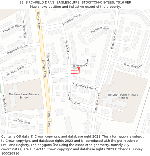 22, BIRCHFIELD DRIVE, EAGLESCLIFFE, STOCKTON-ON-TEES, TS16 0ER: Location map and indicative extent of plot