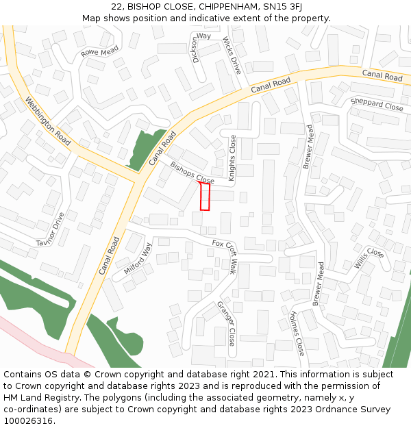 22, BISHOP CLOSE, CHIPPENHAM, SN15 3FJ: Location map and indicative extent of plot