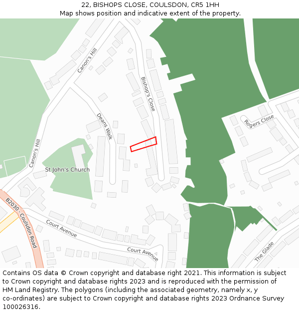 22, BISHOPS CLOSE, COULSDON, CR5 1HH: Location map and indicative extent of plot