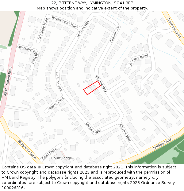 22, BITTERNE WAY, LYMINGTON, SO41 3PB: Location map and indicative extent of plot