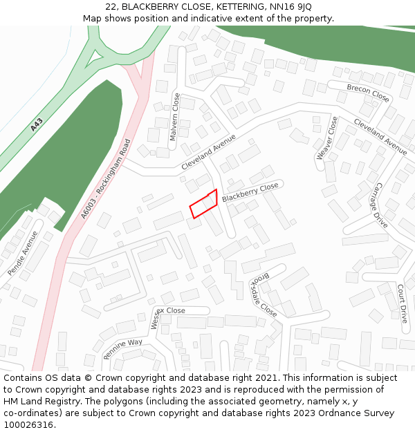 22, BLACKBERRY CLOSE, KETTERING, NN16 9JQ: Location map and indicative extent of plot