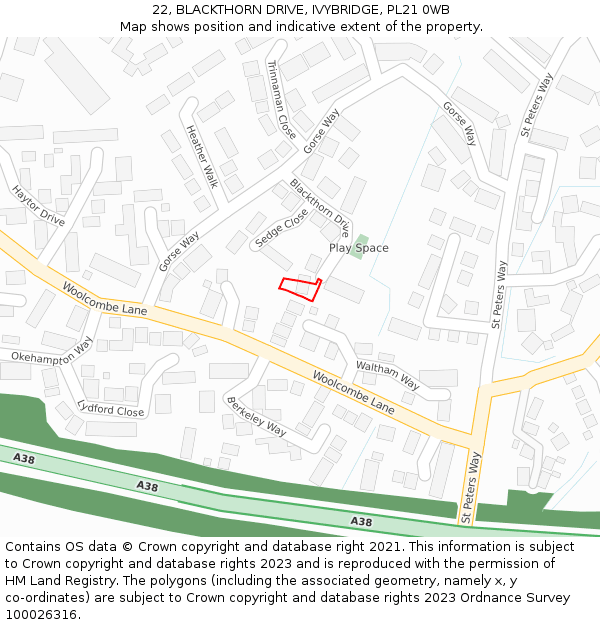 22, BLACKTHORN DRIVE, IVYBRIDGE, PL21 0WB: Location map and indicative extent of plot