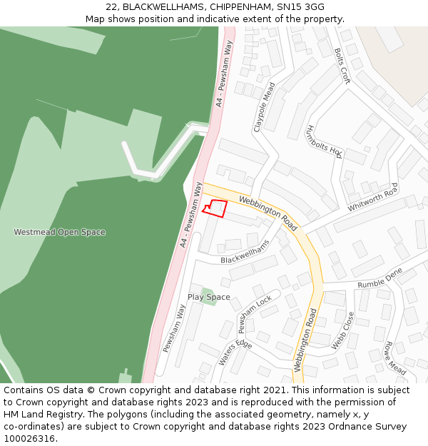 22, BLACKWELLHAMS, CHIPPENHAM, SN15 3GG: Location map and indicative extent of plot