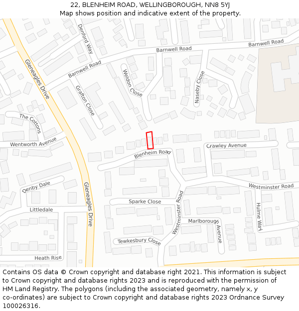 22, BLENHEIM ROAD, WELLINGBOROUGH, NN8 5YJ: Location map and indicative extent of plot