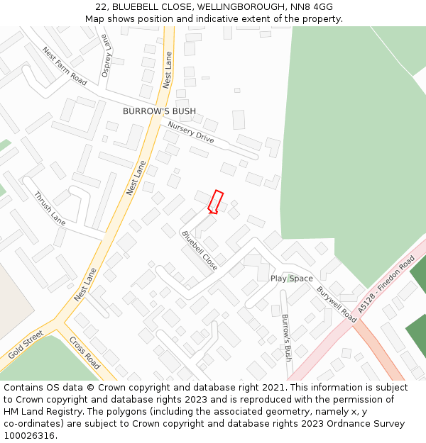 22, BLUEBELL CLOSE, WELLINGBOROUGH, NN8 4GG: Location map and indicative extent of plot