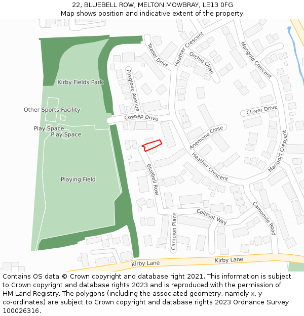 22, BLUEBELL ROW, MELTON MOWBRAY, LE13 0FG: Location map and indicative extent of plot