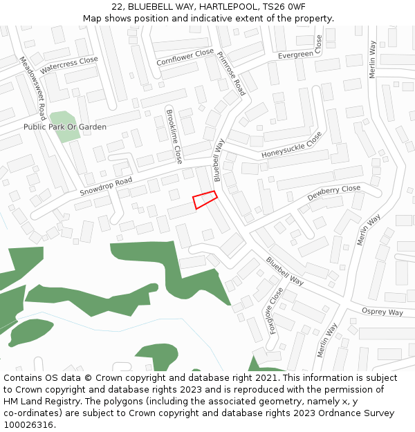 22, BLUEBELL WAY, HARTLEPOOL, TS26 0WF: Location map and indicative extent of plot