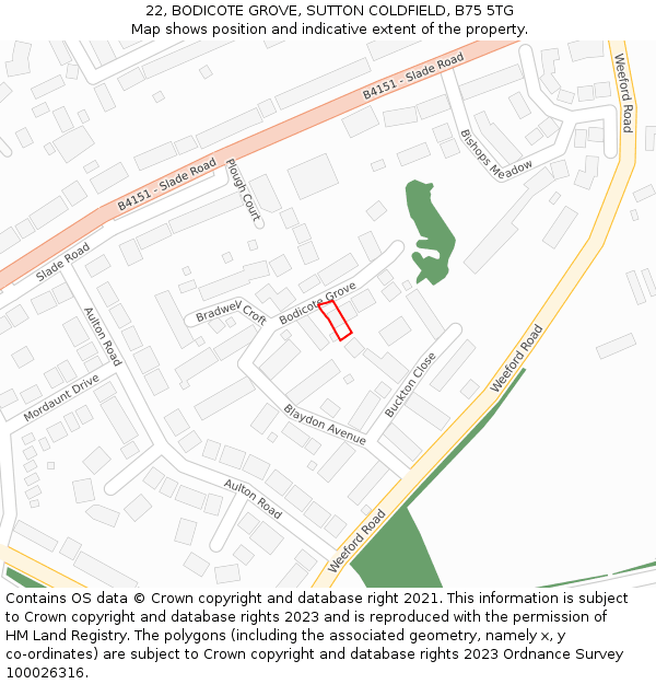 22, BODICOTE GROVE, SUTTON COLDFIELD, B75 5TG: Location map and indicative extent of plot