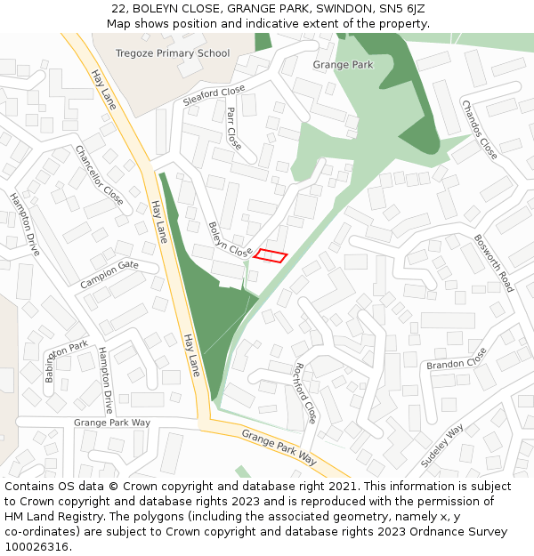 22, BOLEYN CLOSE, GRANGE PARK, SWINDON, SN5 6JZ: Location map and indicative extent of plot