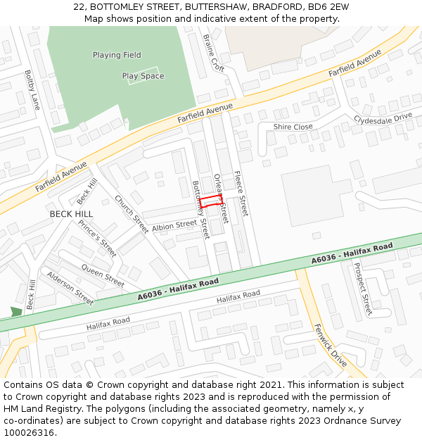 22, BOTTOMLEY STREET, BUTTERSHAW, BRADFORD, BD6 2EW: Location map and indicative extent of plot