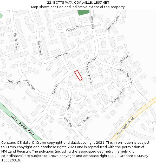 22, BOTTS WAY, COALVILLE, LE67 4BT: Location map and indicative extent of plot