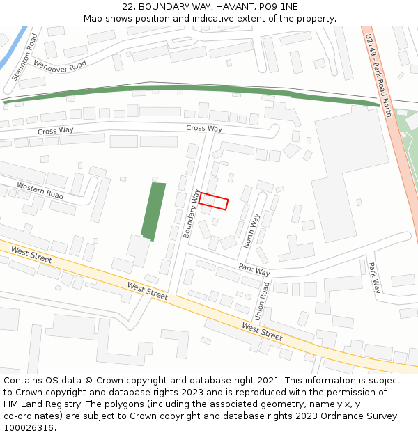 22, BOUNDARY WAY, HAVANT, PO9 1NE: Location map and indicative extent of plot