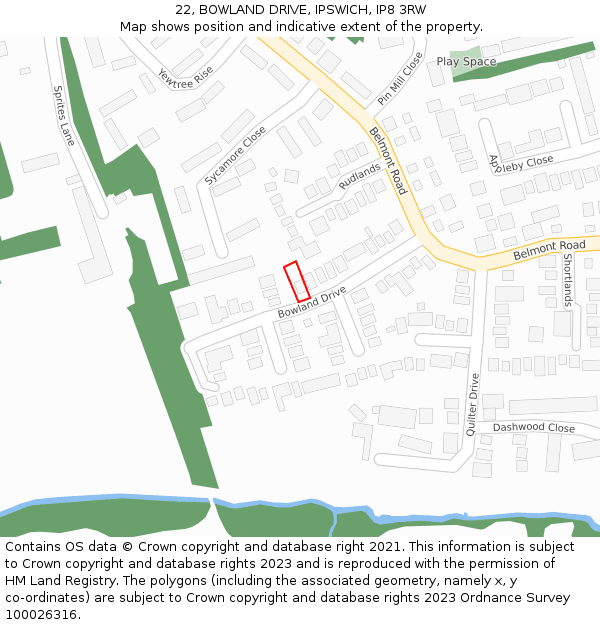 22, BOWLAND DRIVE, IPSWICH, IP8 3RW: Location map and indicative extent of plot