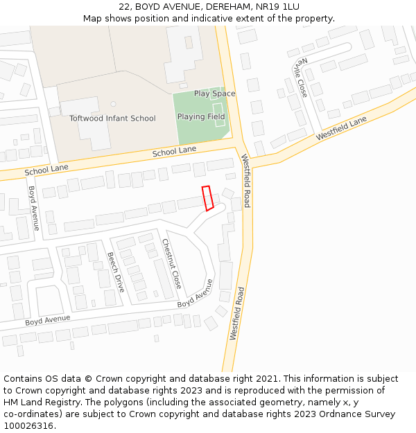 22, BOYD AVENUE, DEREHAM, NR19 1LU: Location map and indicative extent of plot