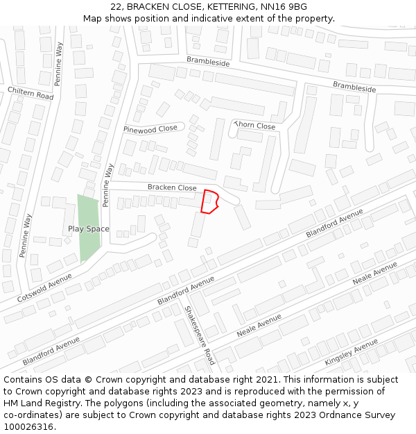 22, BRACKEN CLOSE, KETTERING, NN16 9BG: Location map and indicative extent of plot