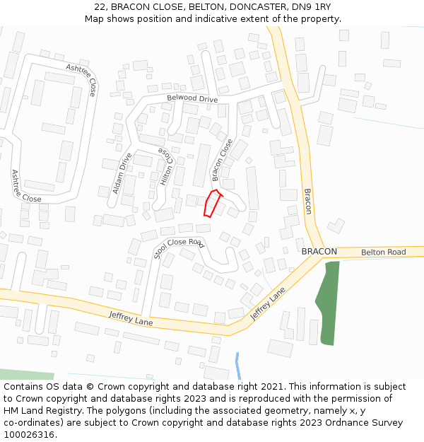 22, BRACON CLOSE, BELTON, DONCASTER, DN9 1RY: Location map and indicative extent of plot