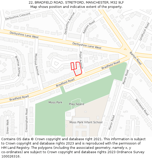 22, BRADFIELD ROAD, STRETFORD, MANCHESTER, M32 9LF: Location map and indicative extent of plot