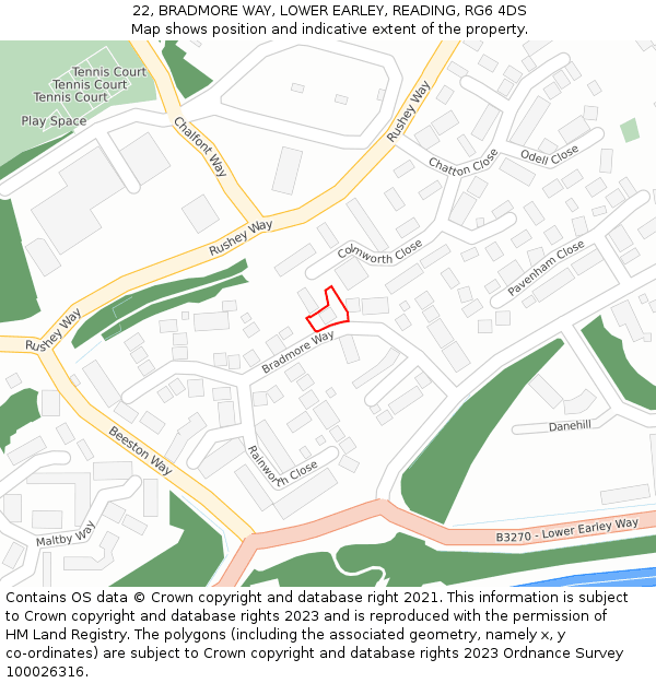 22, BRADMORE WAY, LOWER EARLEY, READING, RG6 4DS: Location map and indicative extent of plot