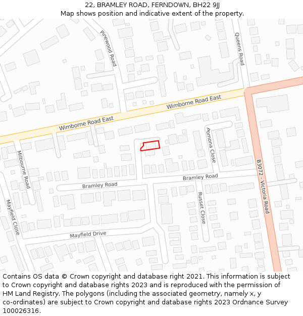 22, BRAMLEY ROAD, FERNDOWN, BH22 9JJ: Location map and indicative extent of plot