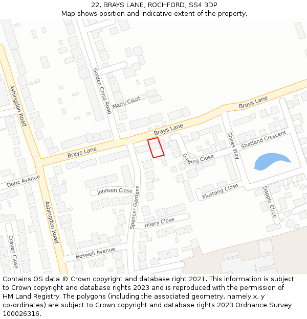 22, BRAYS LANE, ROCHFORD, SS4 3DP: Location map and indicative extent of plot